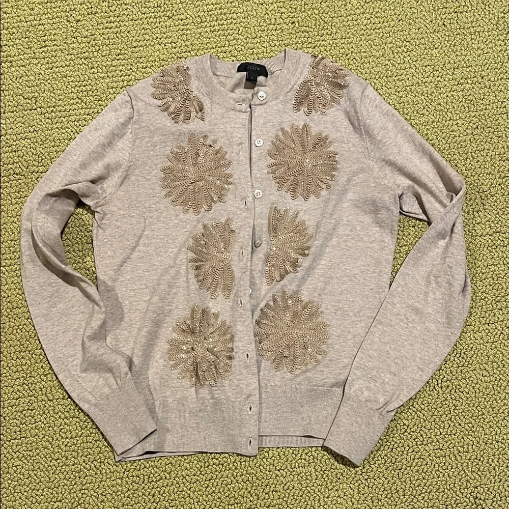 J. Crew tan Cardigan with sequin flower Accents Sz small - Picture 1 of 3